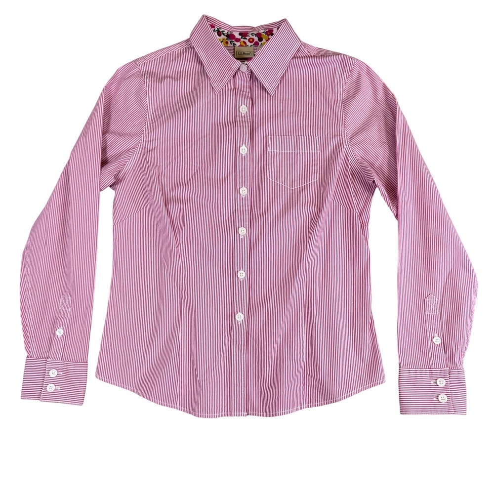 LL Bean Womens Pink White Striped Button Down Shirt Floral Trim Small Regular